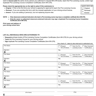 NYS DMV Form MV-278.6. Authorized Signature List (Pre-licensing Course)