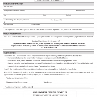 NYS DMV Form MV-278.8 CDS. Pre-Licensing Course Completion Certificate Order Form for Commercial Pre-Licensing Course Providers