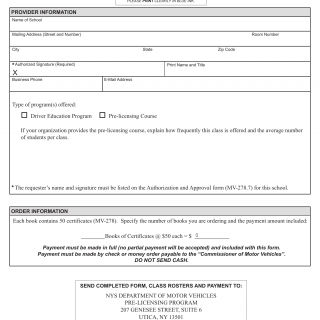 NYS DMV Form MV-278.8 SSC. Pre-Licensing Course Completion Certificate Order Form for Secondary Schools And Colleges