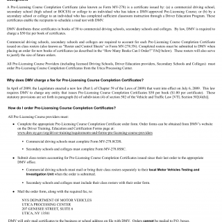NYS DMV Form MV 278FAQs Pre Licensing Course Completion Certificate NYS DMV Form MV 278FAQs Pre Licensing Course Completion Certificate