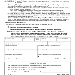 NYS DMV Form MV-327. Notice of Repossession of Motor Vehicle or Motorcycle