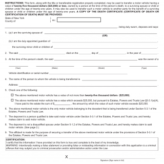 NYS DMV Form MV-349.1. Affidavit for Transfer of Motor Vehicle