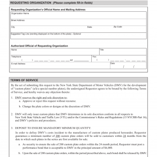 NYS DMV Form MV-415. Request for the Development of Custom Plates