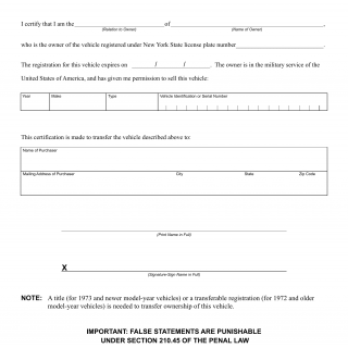 NYS DMV Form MV-456. Certification of Disposition of Vehicle on Behalf of Absentee Owner