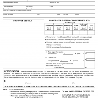NYS DMV Form MV-464L. Order Form for Registration Plates/In-Transit Permits