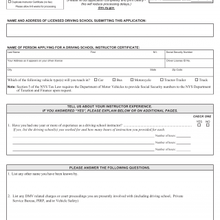 NYS DMV Form MV-523. Application for Driving School Instructor Certificate