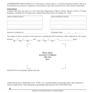 NYS DMV Form MV-526. Driving School Instructor Termination Notice