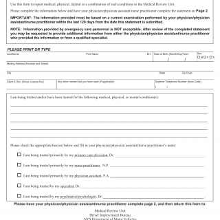 NYS DMV Form MV-80U.1. Physician's Statement for Medical Review Unit