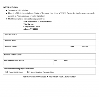 NYS DMV Form MV-901.1. Request for Duplicate Notice of Recorded Lien