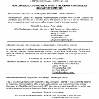 NYS DMV Form PE-701. Reasonable Accommodation in State Programs and Services Contact Information