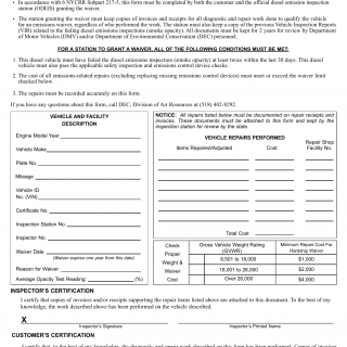 NYS DMV Form VS-1079DE. Diesel Emissions Inspection Certification & Waiver Form