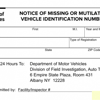 NYS DMV Form VS-110. Notice of Missing or Mutilated Vehicle Identification Number