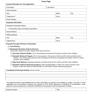 OCFS-4438. Domestic Violence Agency-Cover Page-Application Requirements for Approval of Proposed Certificate of Incorporation
