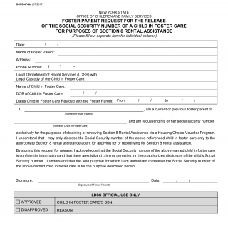 OCFS-4743a. Foster Parent Request for the Release of the Social Security Number of a Child in Foster Care for Purposes of Section 8 Rental Assistance