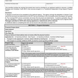 OCFS-4836 . Application Checklist for Runaway and Homeless Youth Crisis Services Program or Transitional Independent Living Support Program