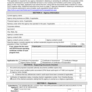 OCFS-4836a. Application for OCFS Approval of Certificate of Incorporation to Provide Residential Runaway and Homeless Youth Services