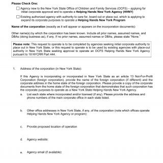 OCFS-5481. Application for Corporate Approval and Approval to Operate a Helping Hands New York Agency in New York State