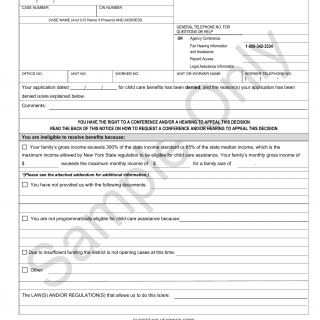 OCFS-LDSS-4780. Denial of Your Application for Child Care Benefits (Sample Only)