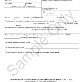 LDSS-4783. Delinquent Family Share for Child Care Benefits(Sample Only)