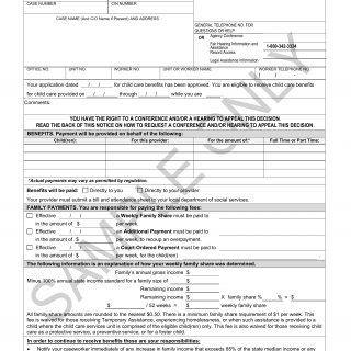 OCFS-LDSS-4784. Approval of Your Redetermination for Child Care Benefits (Sample Only)