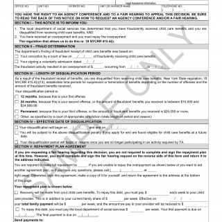 OCFS-LDSS-7010. Notice of Fraud Determination - Disqualification for Child Care Benefits and Repayment Plan (Sample Only)