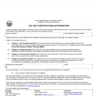 Form BMV 2159. CDL Self-Certification Authorization