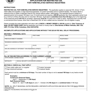 Form BMV 2170. Application for Restricted CDL for Farm-Related Service Industries