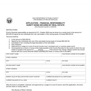 Form BMV 2180. Application - Financial Responsibility Surety Bond Secured by Real Estate