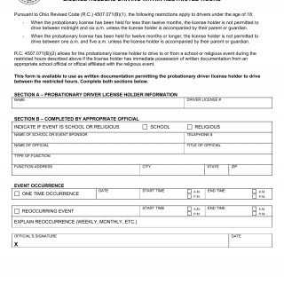 Form BMV 2826. Event Official Approval for Probationary Driver License Holders Driving Within Restricted Hours