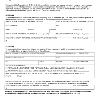 Form BMV 2942. Occupant Restraining Device Exemption Request