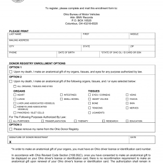 Form BMV 3346. Donor Registry Enrollment Form