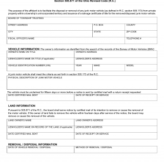 Form BMV 4208. Board of Township Trustees Junk Motor Vehicle Affidavit