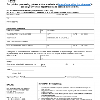 Form BMV 4311. Customer Request to Cancel Vehicle Registration