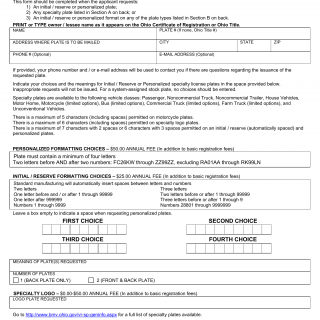 Form BMV 4705. Request for Special License Plates