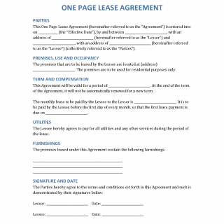 One Page Lease Agreement (Residential Rental)