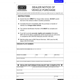 Oregon DMV Form 735-0165. Dealer Notice of Vehicle Purchase