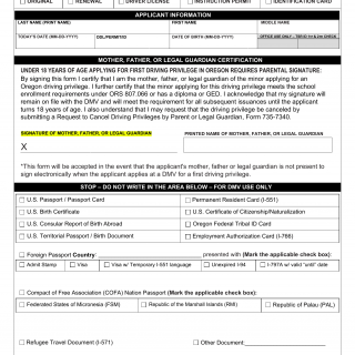 Oregon DMV Form 735-0173DP. Documents Presented & Parent/Guardian Certification