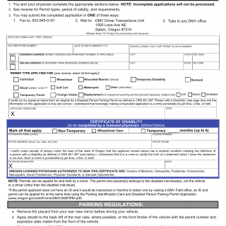 Oregon DMV Form 735-0265. Disabled Person Parking Permit Placard Application/RenewalвЂ‹ (w/Poster)