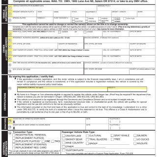 Oregon DMV Form 735-0268. Application for Registration, Renewal, Replacement or Transfer of Plates & Stickers