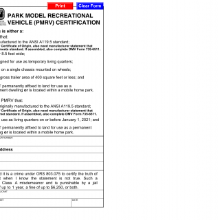 Oregon DMV Form 735-0274. Park Model Recreational Vehicle (PMRV) Certification