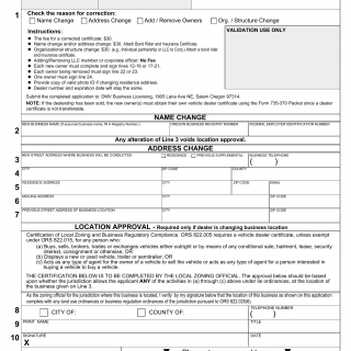 Oregon DMV Form 735-0371. Application to Correct Dealer/Rebuilder Vehicle Dealer Certificate