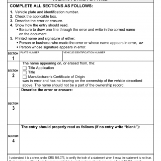 Oregon DMV Form 735-0502. Error or Erasure of a Name, Statement