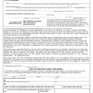Oregon DMV Form 735-0522B. Surety Bond