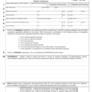 Oregon DMV Form 735-6610. Vehicle Appraiser Certificate Application