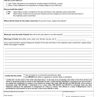 Oregon DMV Form 735-6644. Certification of Ownership For an Assembled Light Trailer or Heavy Trailer