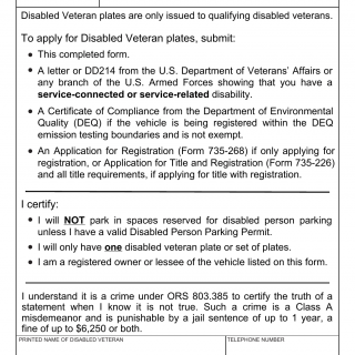 Oregon DMV Form 735-6736. Application For Disabled Veteran Plates