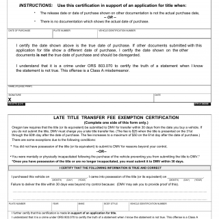 Oregon DMV Form 735-6775. Certification of Vehicle Date of Purchase