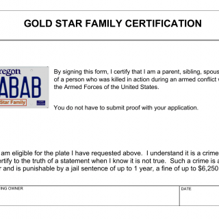 Oregon DMV Form 735-6940. Gold Star Family Certification