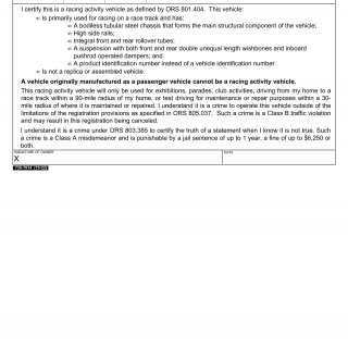 Oregon DMV Form 735-7014. Racing Activity Vehicle Certification