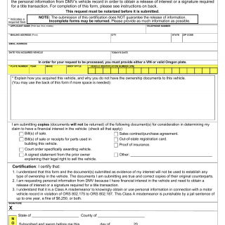 Oregon DMV Form 735-7116A. Affidavit to Establish Financial Interest in a Vehicle